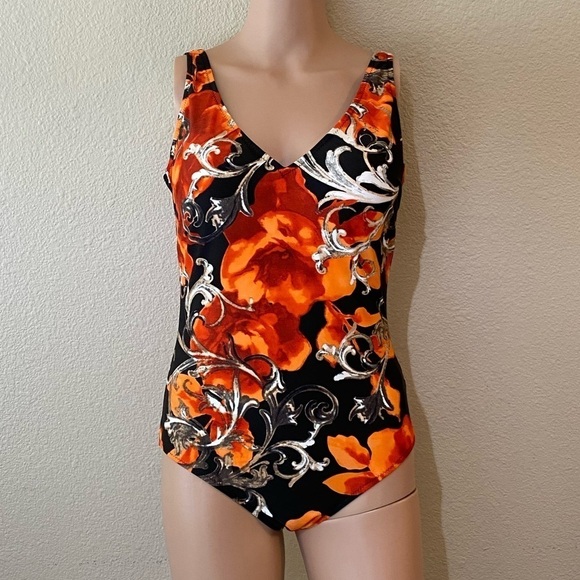 Gottex swimsuit orange black floral low back women’s size 12 - Picture 1 of 4